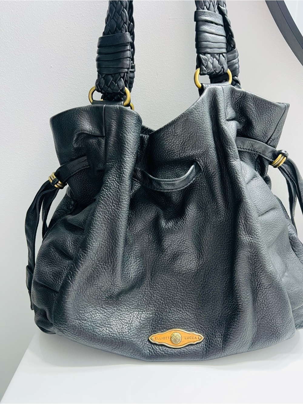 Elliott Lucca Black Pebbled Leather Braided-Handle Shoulder Bag